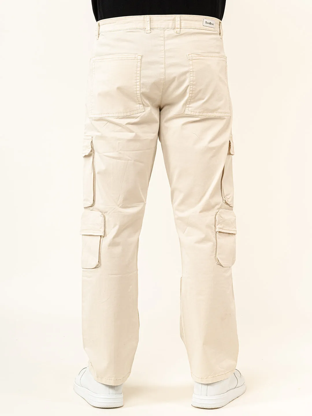 Cream Flared Straight Fit Cargo Pants