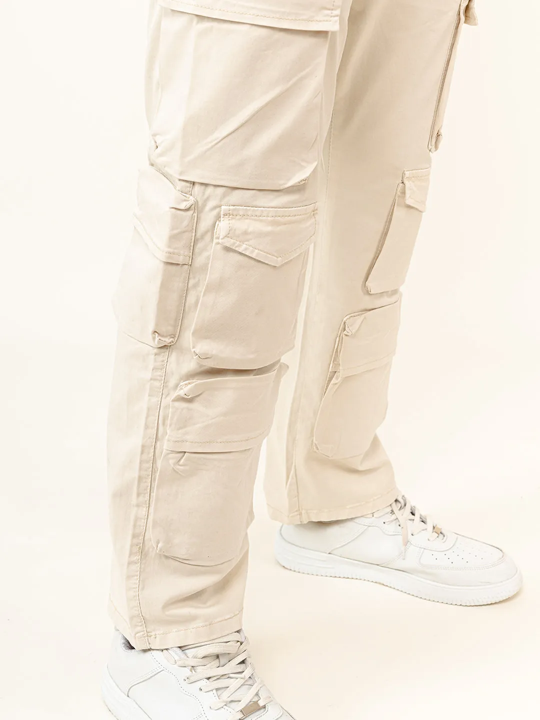 Cream Flared Straight Fit Cargo Pants