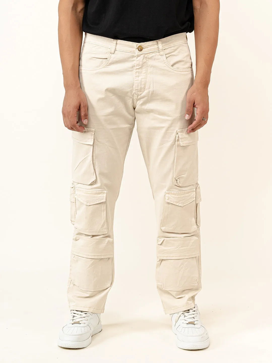 Cream Flared Straight Fit Cargo Pants