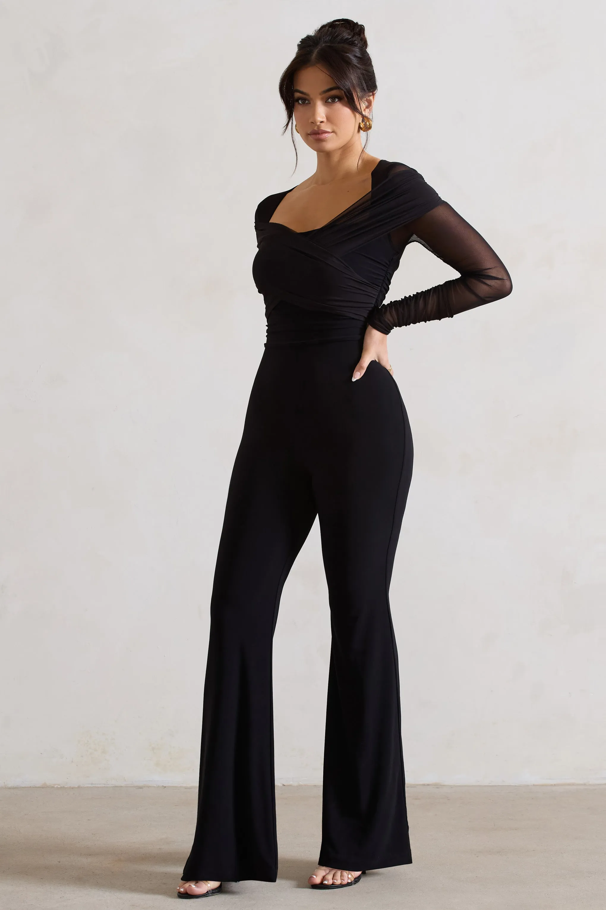 Crossed Lines | Black Ruched Mesh Flared-Leg Jumpsuit