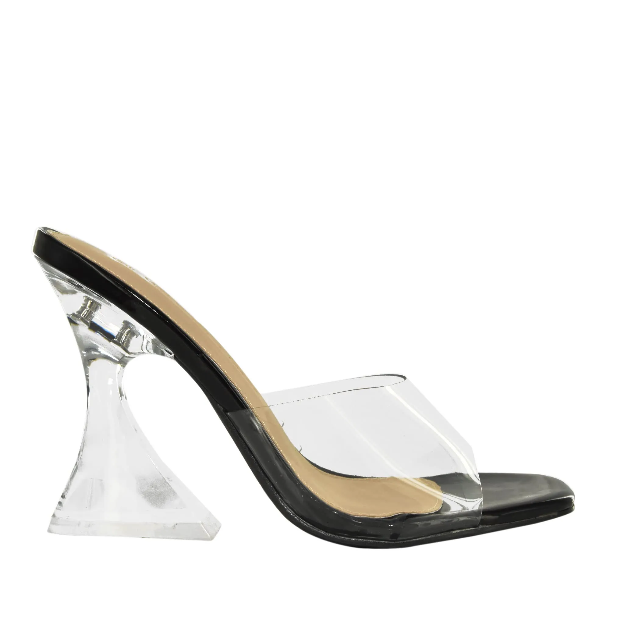 DANISE-01 Minimalist Transparent Strap Sculptural Patent Lucite Flared Heels