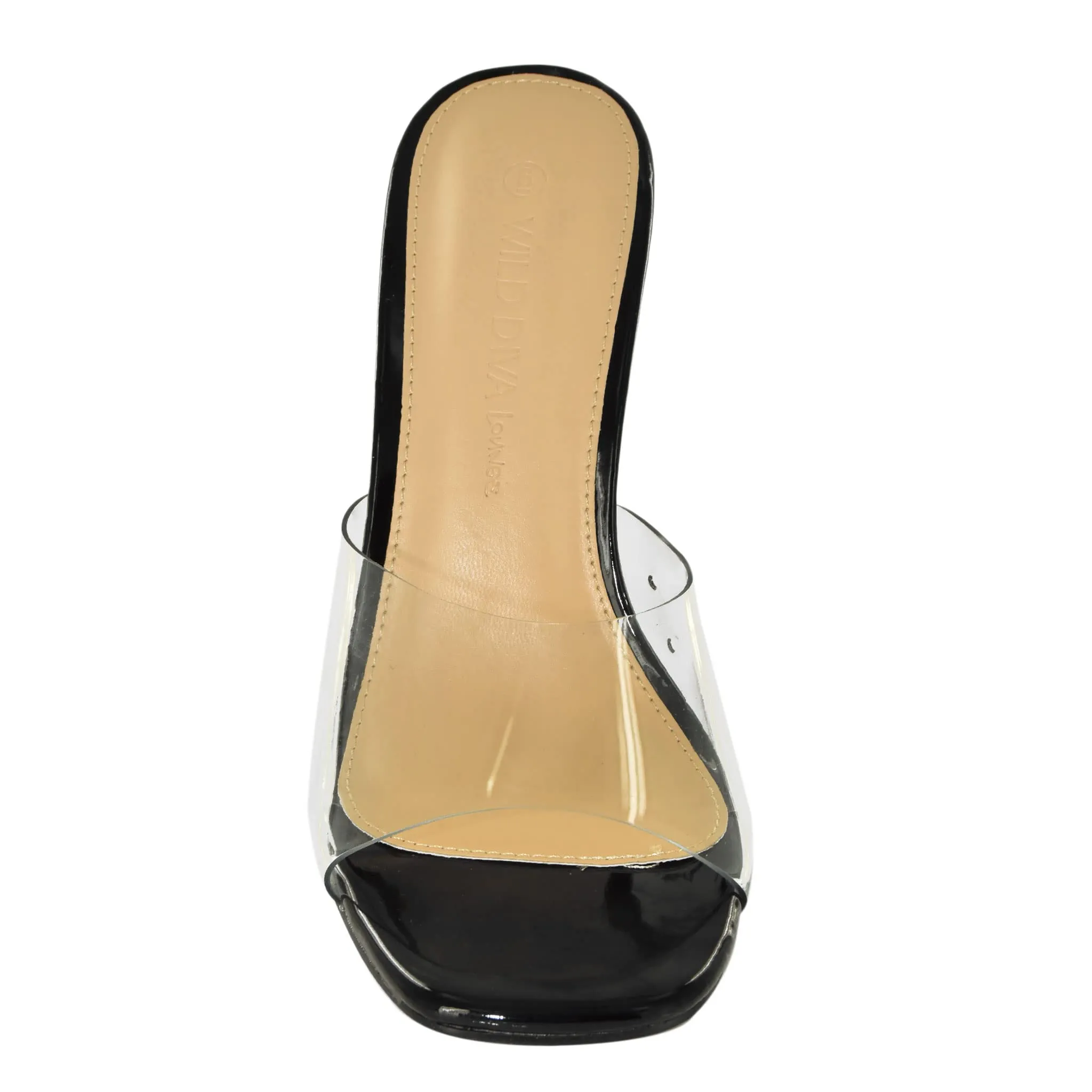 DANISE-01 Minimalist Transparent Strap Sculptural Patent Lucite Flared Heels