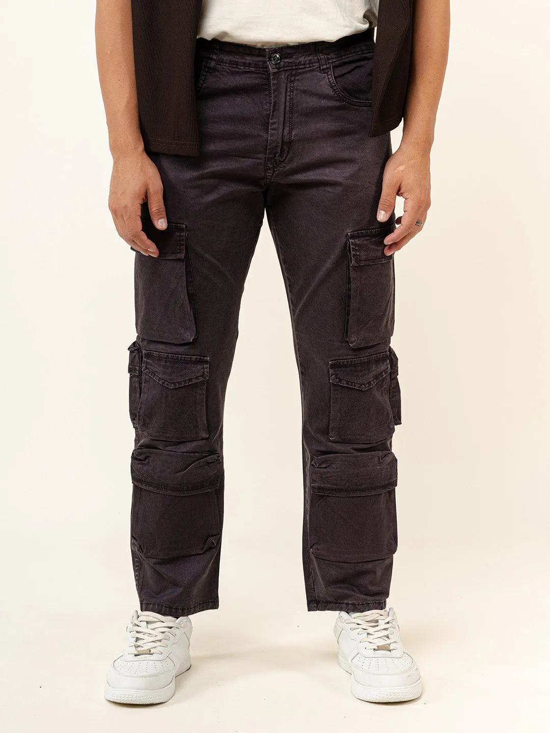 Dark Purple Flared Straight Fit Cargo Pants