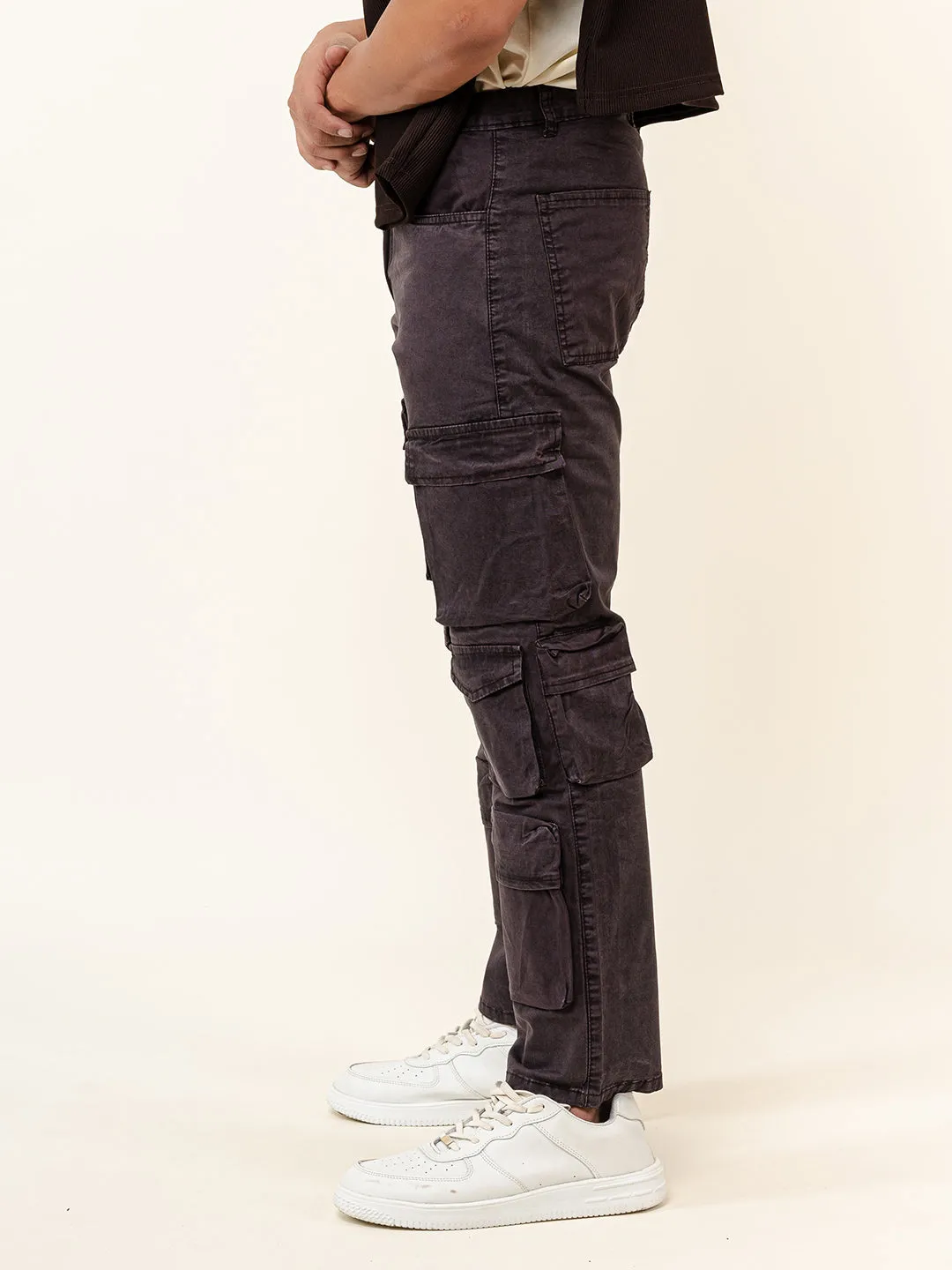 Dark Purple Flared Straight Fit Cargo Pants