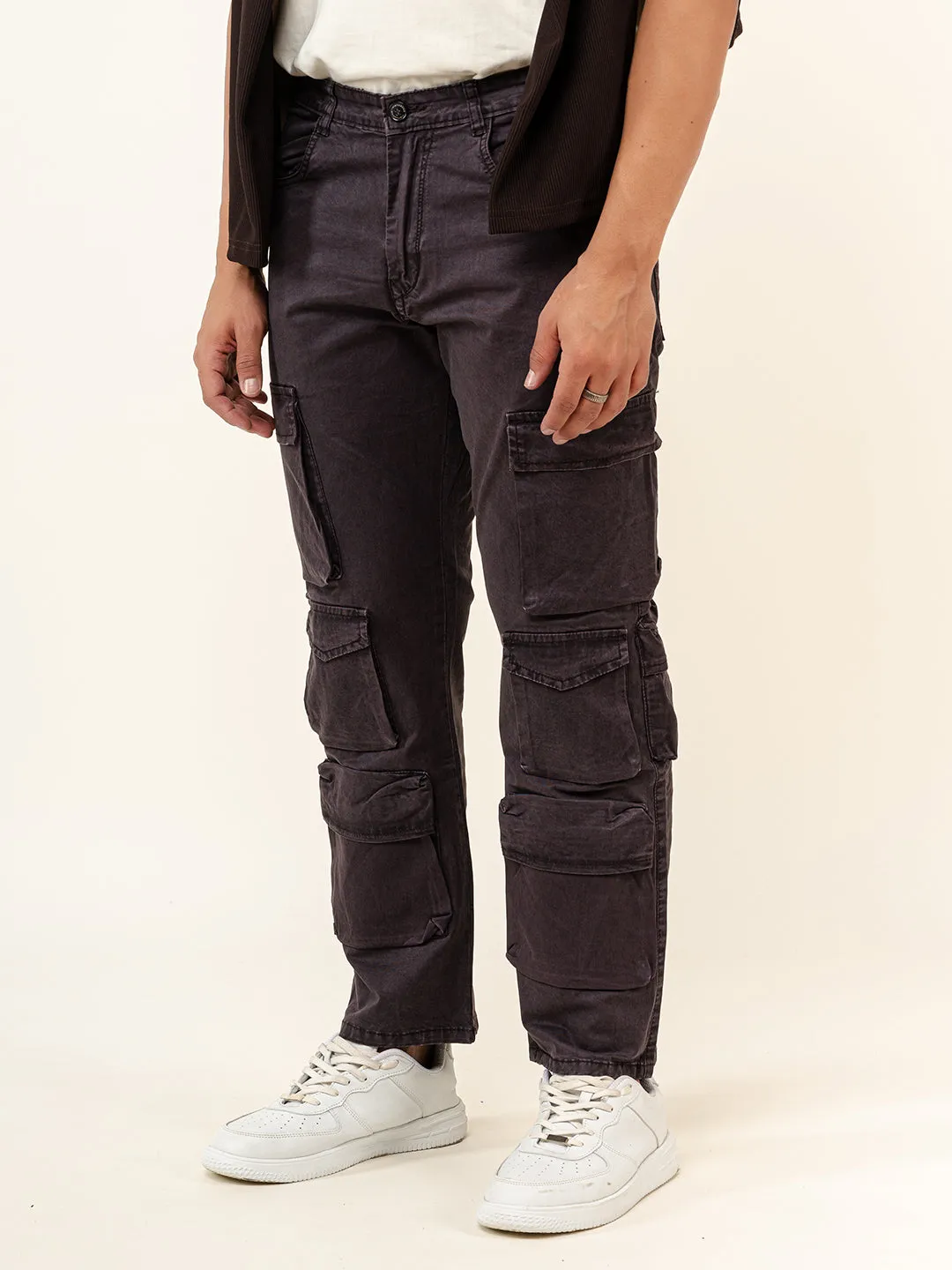 Dark Purple Flared Straight Fit Cargo Pants