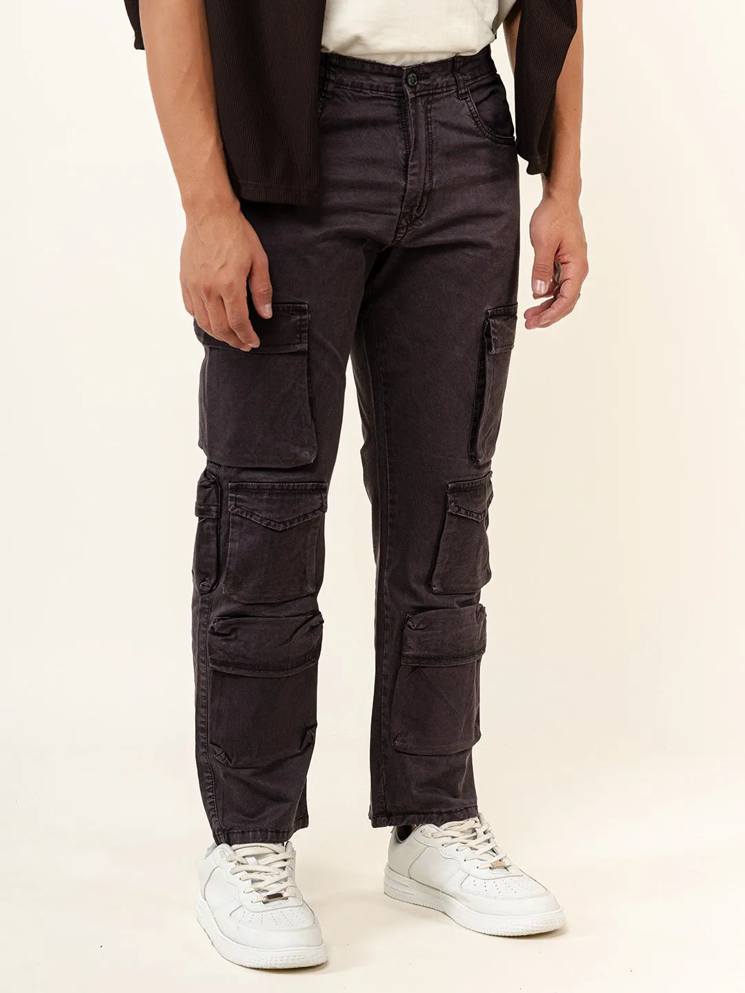 Dark Purple Flared Straight Fit Cargo Pants