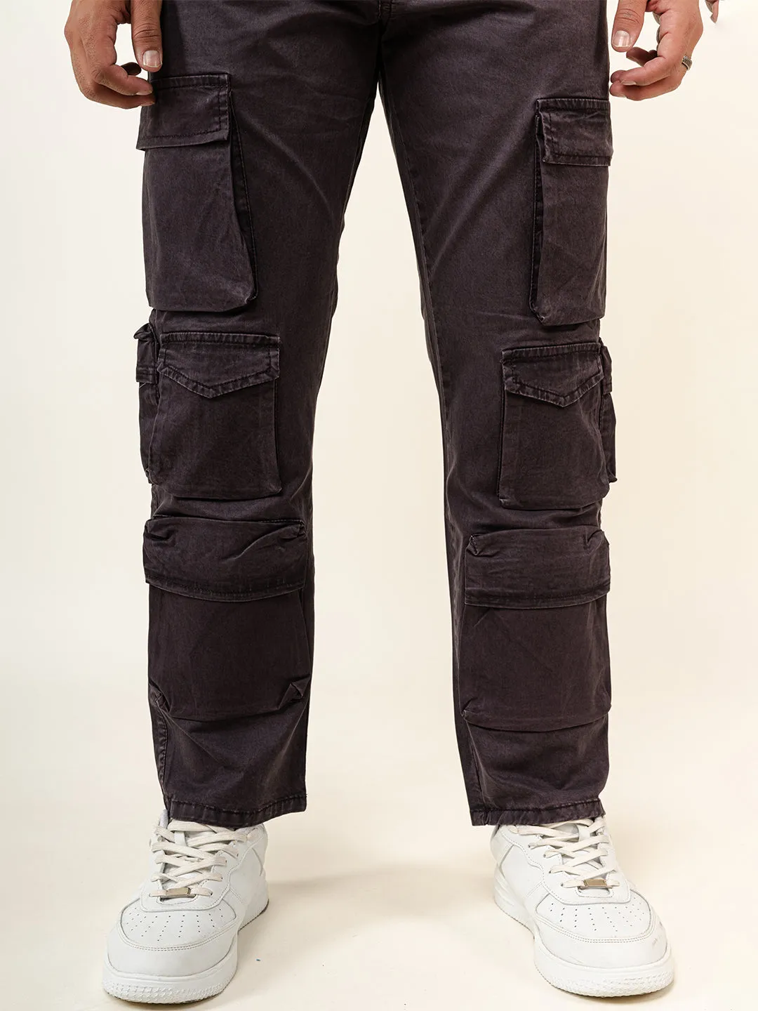 Dark Purple Flared Straight Fit Cargo Pants