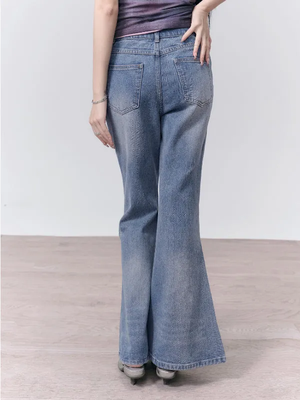 Denim Casual Washed Damage Retro Flare-Pants