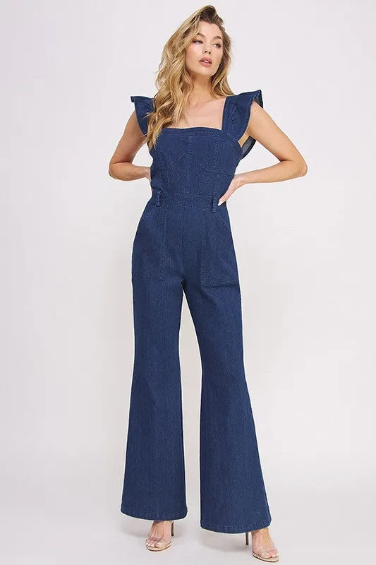 DENIM RUFFLE FLARE LEG JUMPSUIT