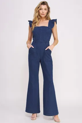 DENIM RUFFLE FLARE LEG JUMPSUIT