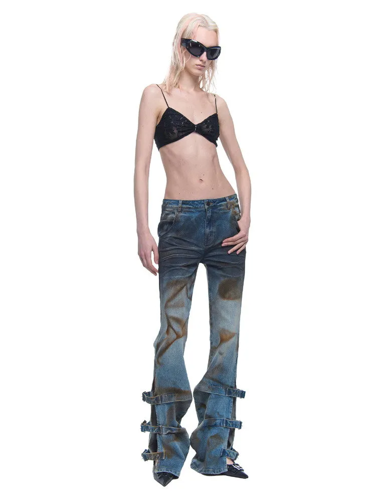 Denim Slit Nichi Belt Paint Flare-Pants