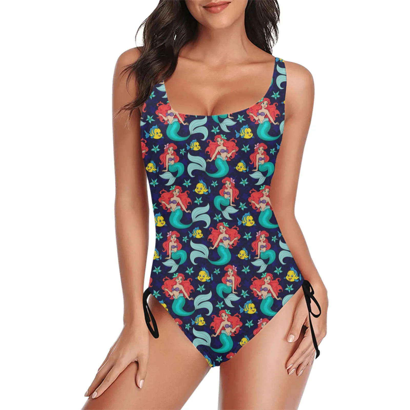 Disney Little Mermaid I Want To Be Where The People Are Drawstring Side Women's One-Piece Swimsuit