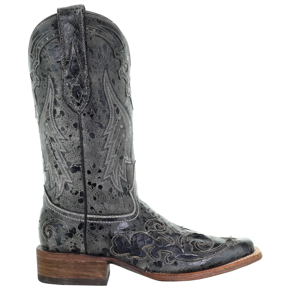 Distressed Embroidery Square Toe Cowboy Boots