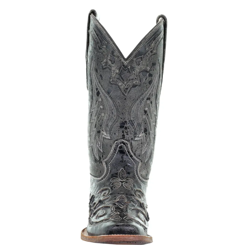 Distressed Embroidery Square Toe Cowboy Boots