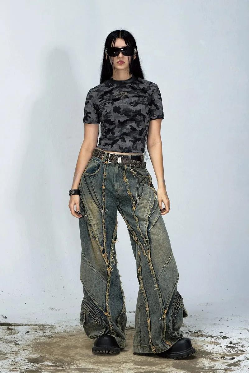 Distressed Patchwork Wide-Leg Jeans