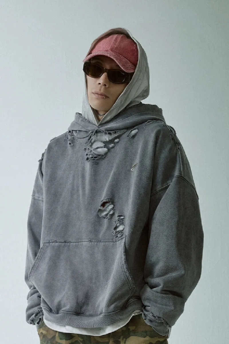 Distressed Solid Color Logo Hoodie