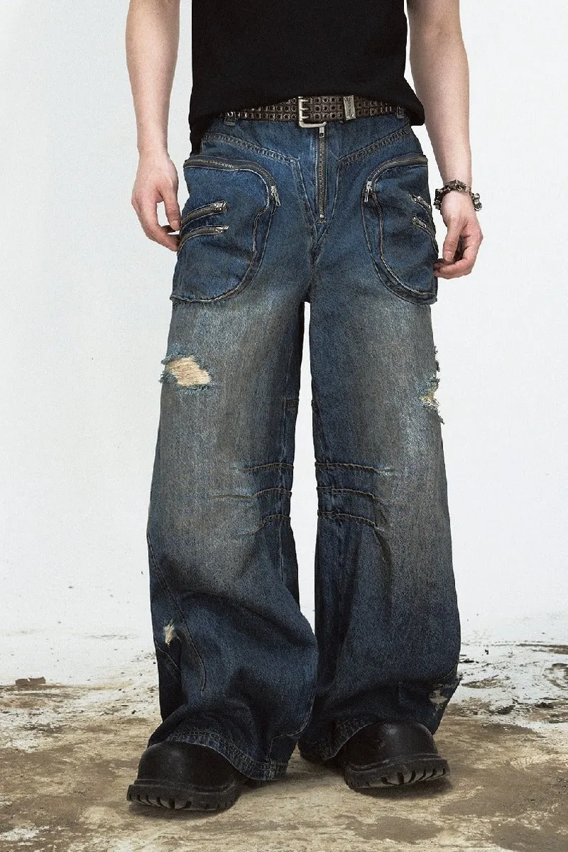 Distressed Stained Wide-Leg Jeans