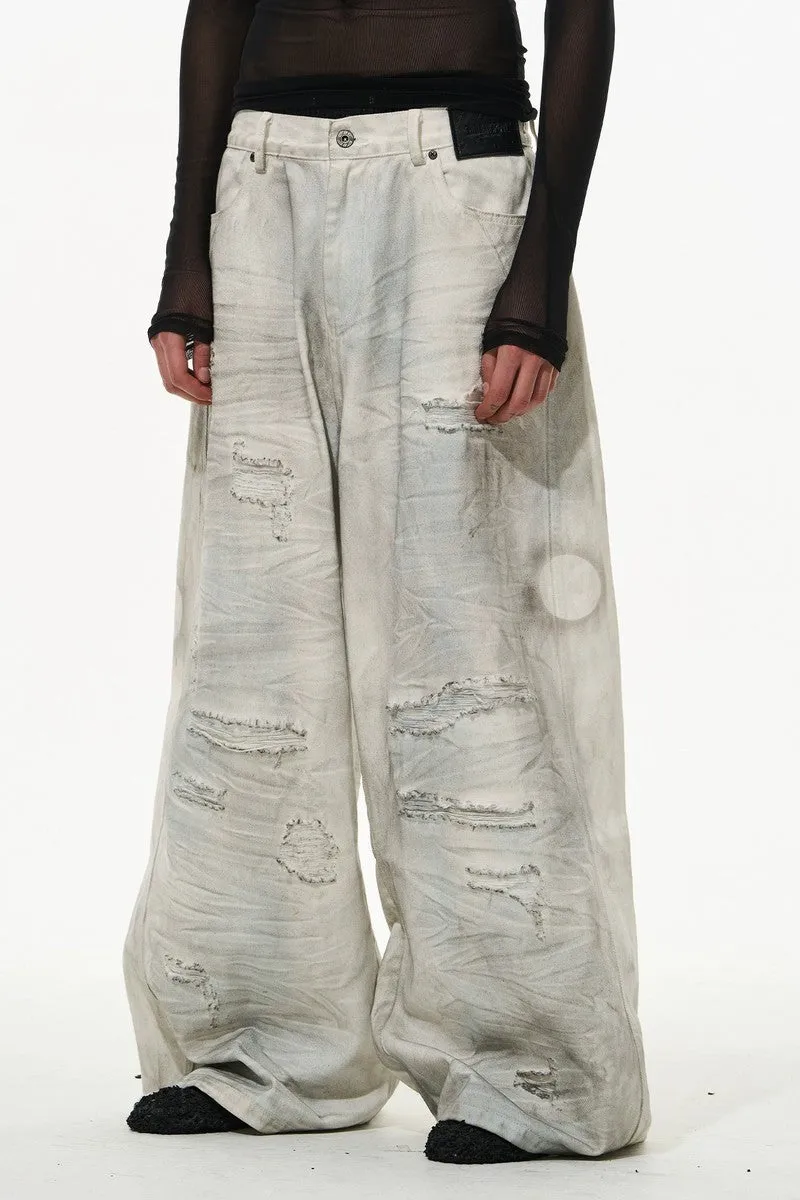 Distressed Wash White Ripped Pants