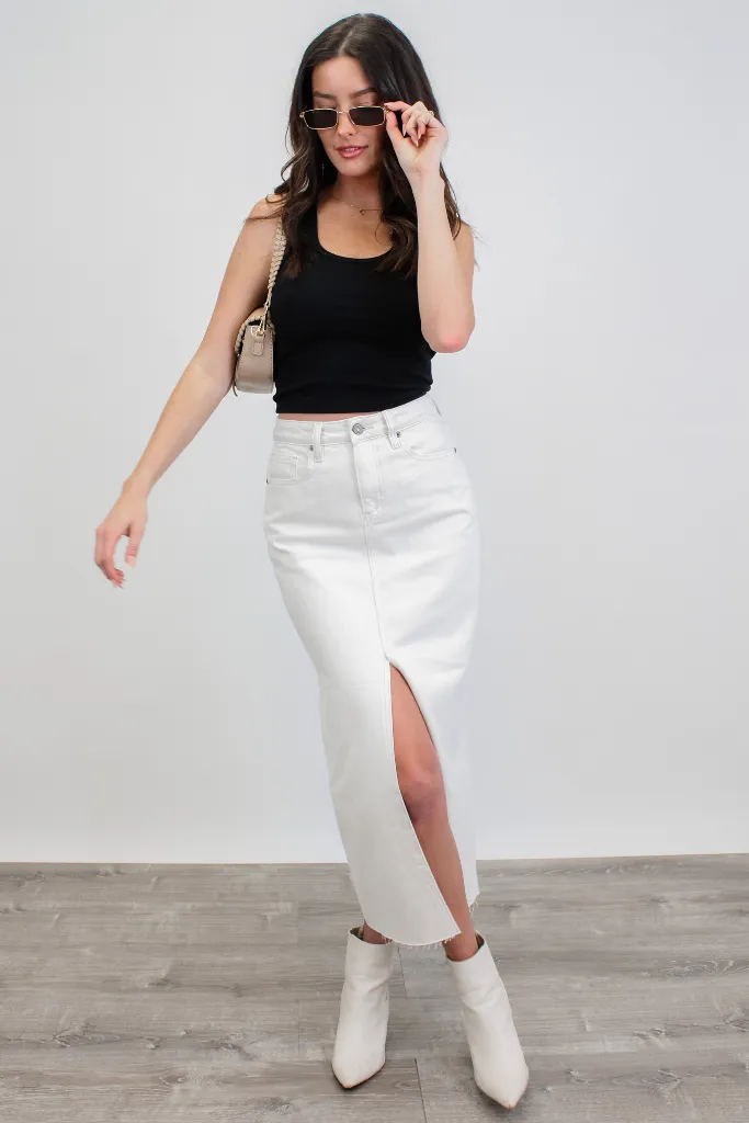 Downtown Train Denim Midi Skirt