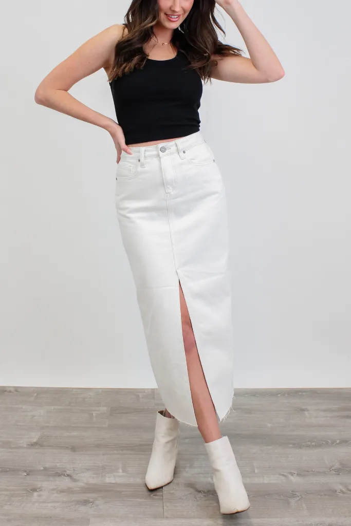 Downtown Train Denim Midi Skirt