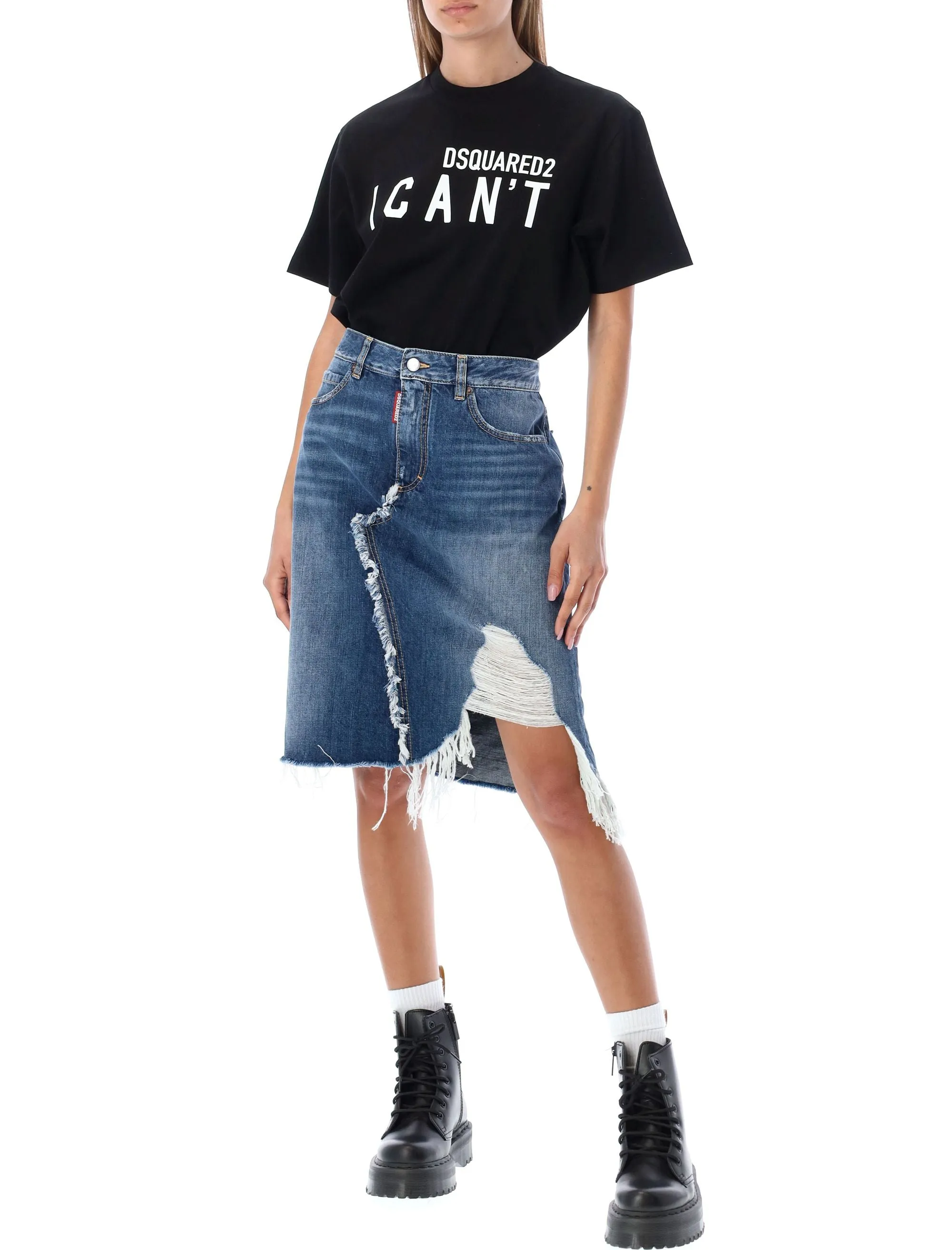 Dsquared2 Distressed High-Waist Denim Skirt