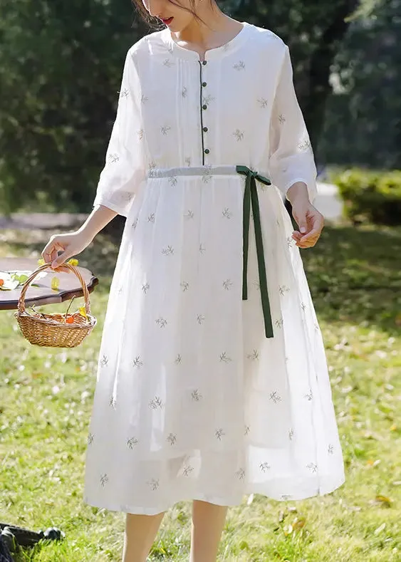 Elegant White Embroidered Button Linen Dress Spring CG1003