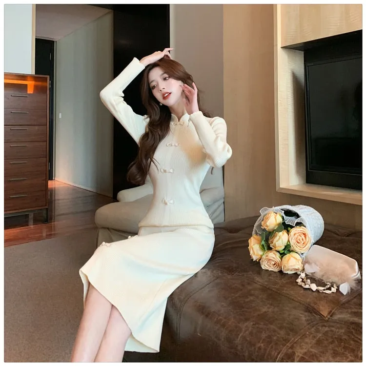 Elegant Women's Solid Elastic Knitted Full Sleeves Pencil Bodycon Dresses