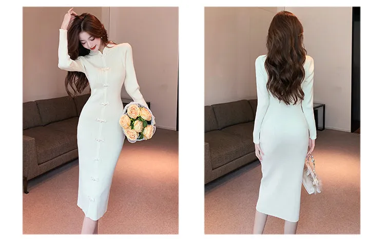 Elegant Women's Solid Elastic Knitted Full Sleeves Pencil Bodycon Dresses