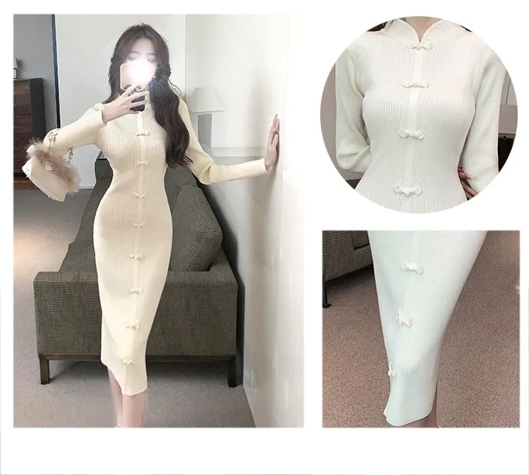 Elegant Women's Solid Elastic Knitted Full Sleeves Pencil Bodycon Dresses