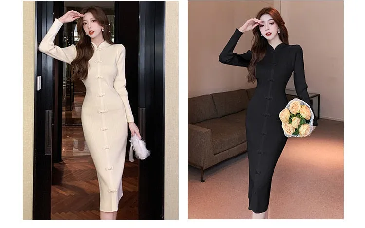 Elegant Women's Solid Elastic Knitted Full Sleeves Pencil Bodycon Dresses