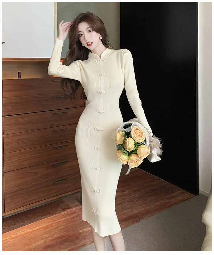 Elegant Women's Solid Elastic Knitted Full Sleeves Pencil Bodycon Dresses