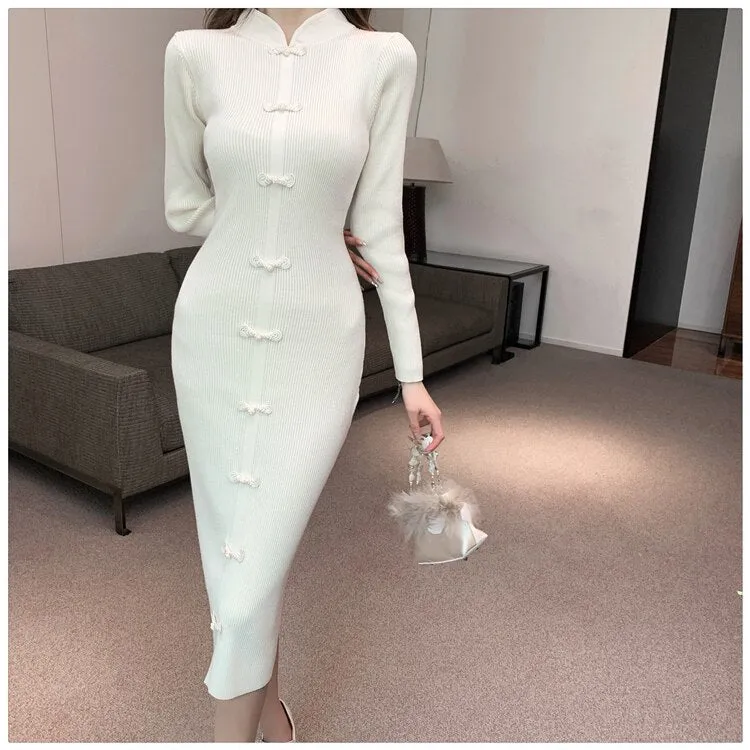 Elegant Women's Solid Elastic Knitted Full Sleeves Pencil Bodycon Dresses