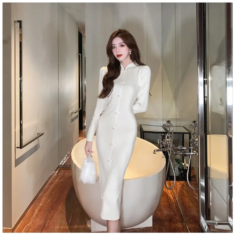 Elegant Women's Solid Elastic Knitted Full Sleeves Pencil Bodycon Dresses