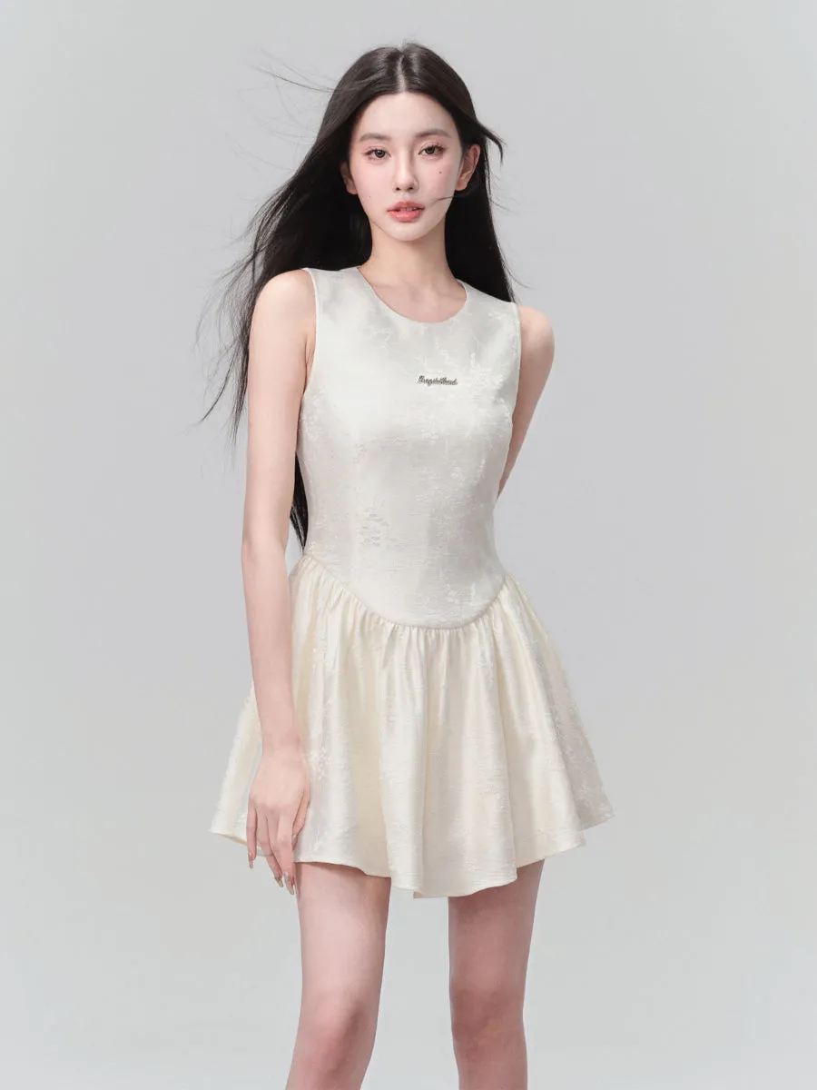 Embroidery Flower No-Sleeve Round-Neck Flare Short One-Piece