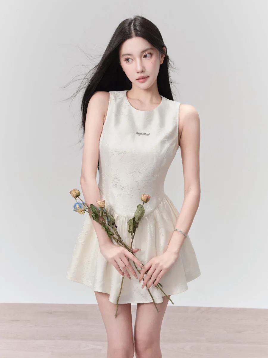 Embroidery Flower No-Sleeve Round-Neck Flare Short One-Piece