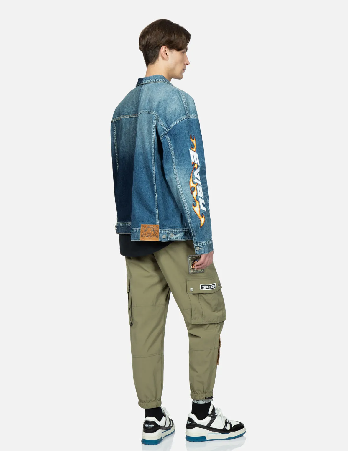 Flame Logo Embroidery Half & Half Denim Jacket