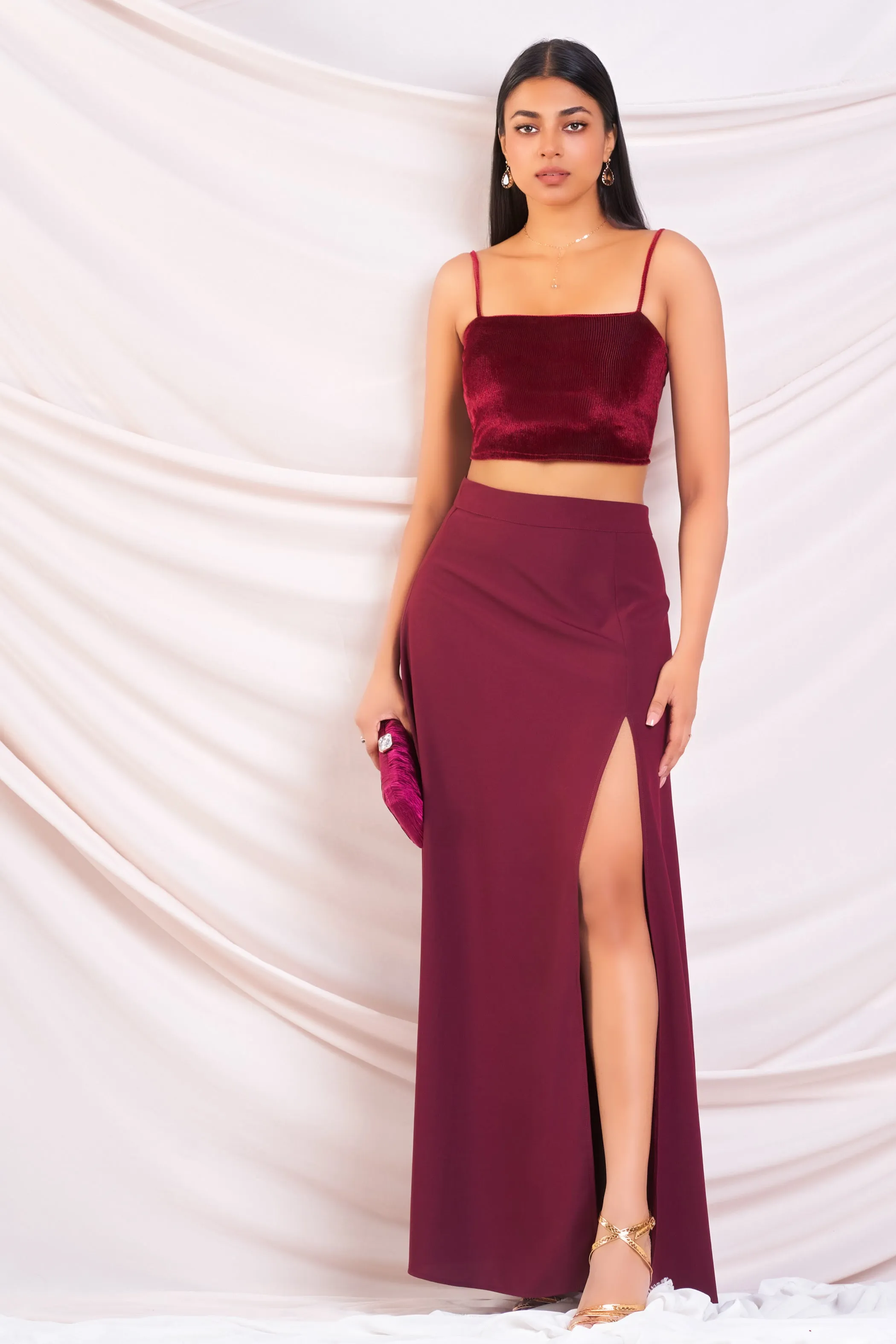 Flared High Slit Maxi Skirt