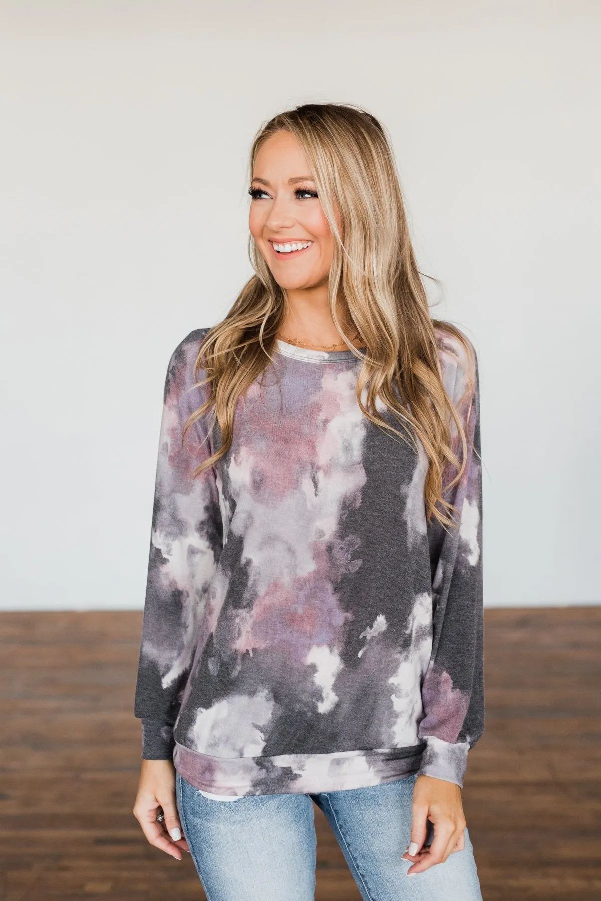 For The First Time Pullover Top- Plum, Charcoal, Ivory