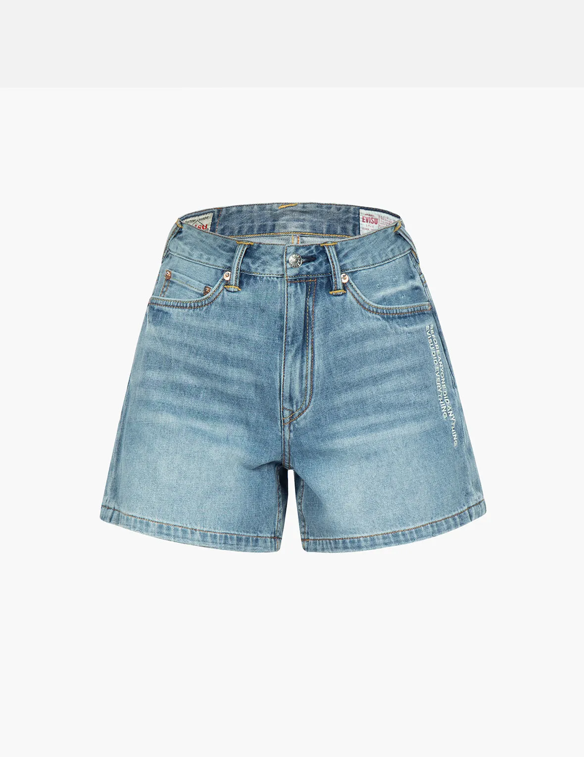 Fortune Cat and Seagull Embroidery Denim Shorts