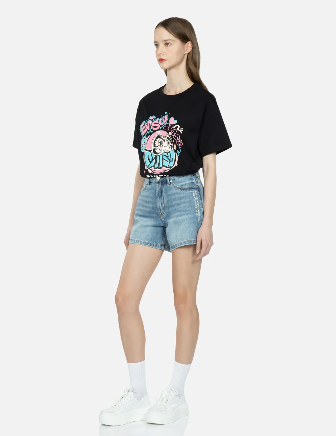 Fortune Cat and Seagull Embroidery Denim Shorts