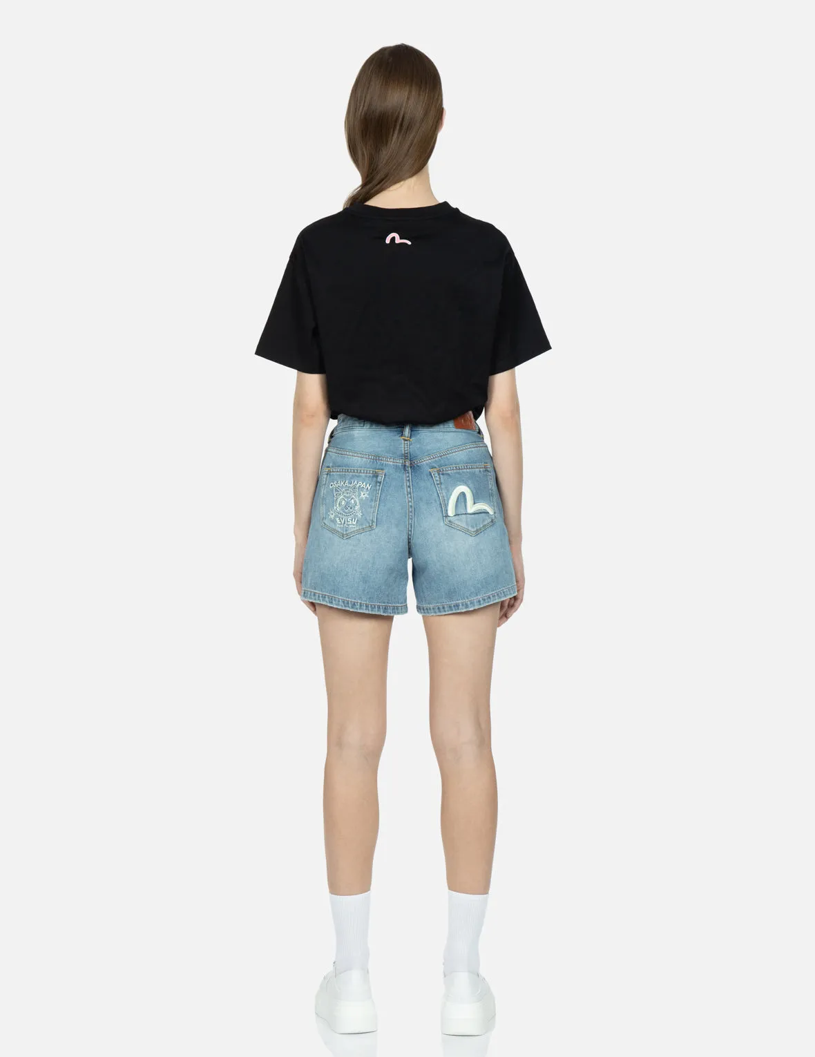 Fortune Cat and Seagull Embroidery Denim Shorts