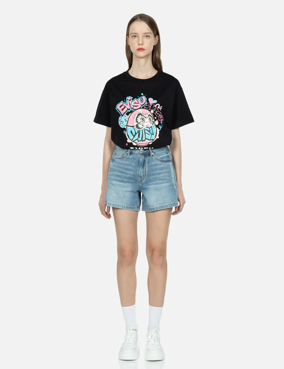 Fortune Cat and Seagull Embroidery Denim Shorts