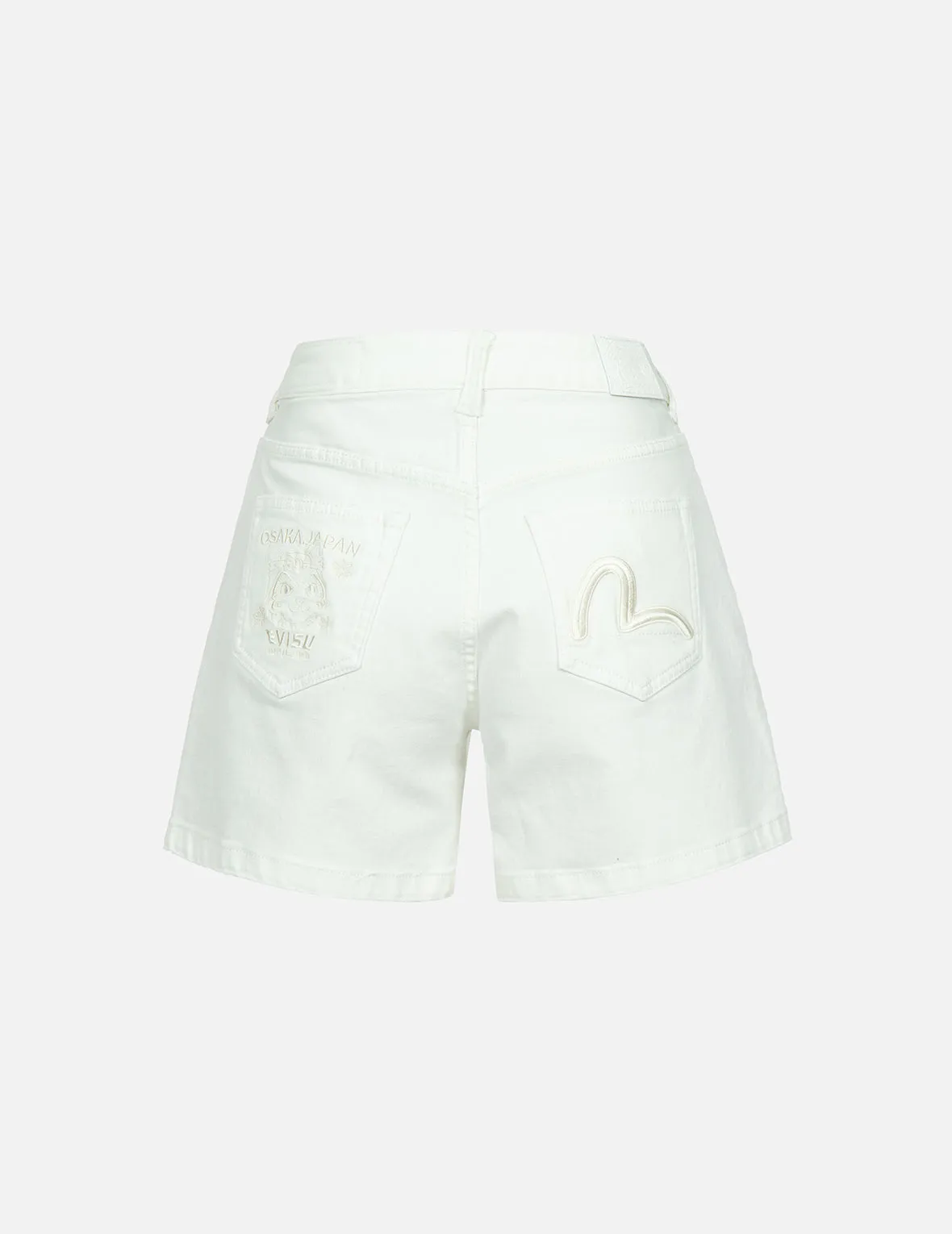 Fortune Cat and Seagull Embroidery White Denim Shorts