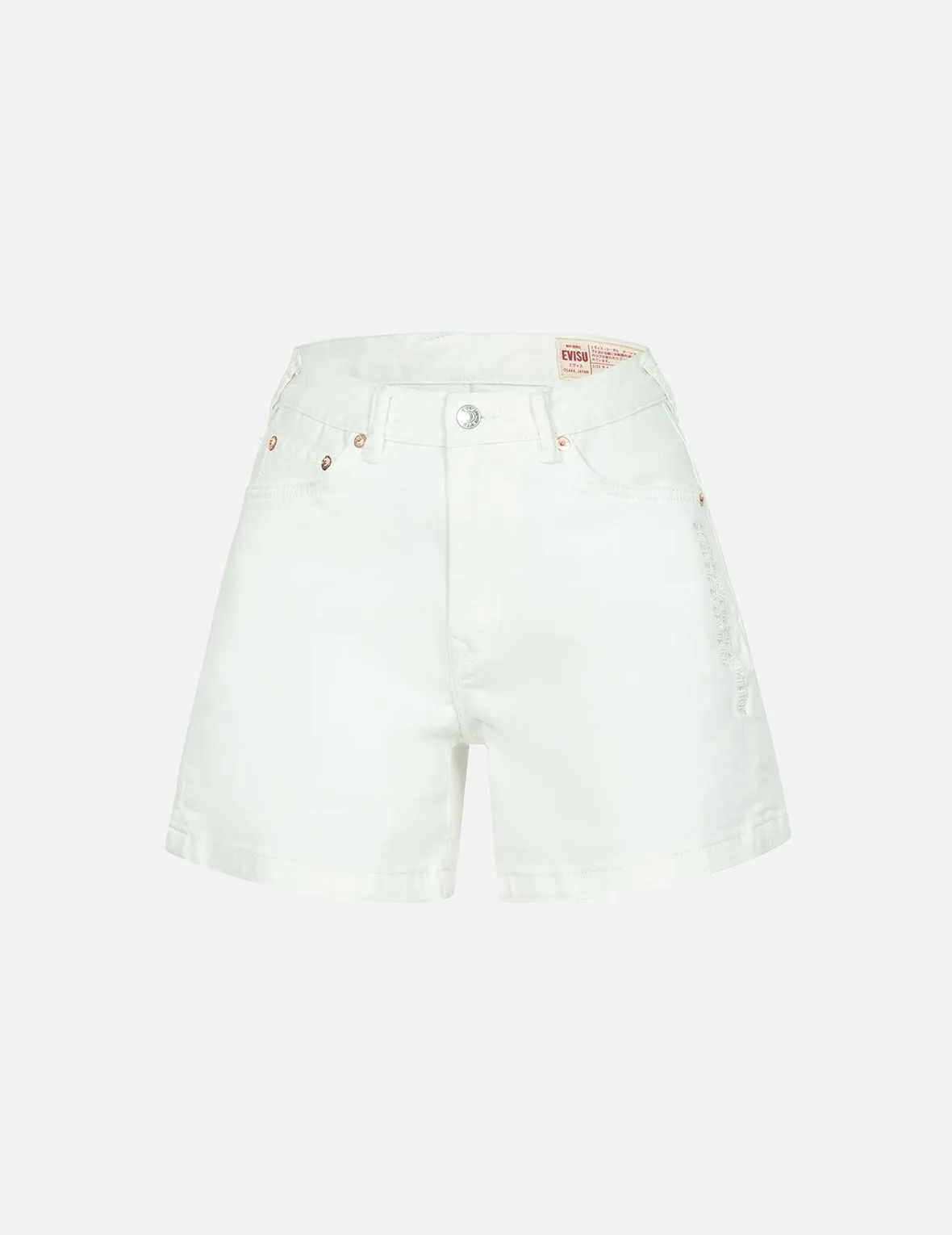 Fortune Cat and Seagull Embroidery White Denim Shorts