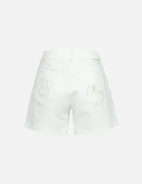 Fortune Cat and Seagull Embroidery White Denim Shorts