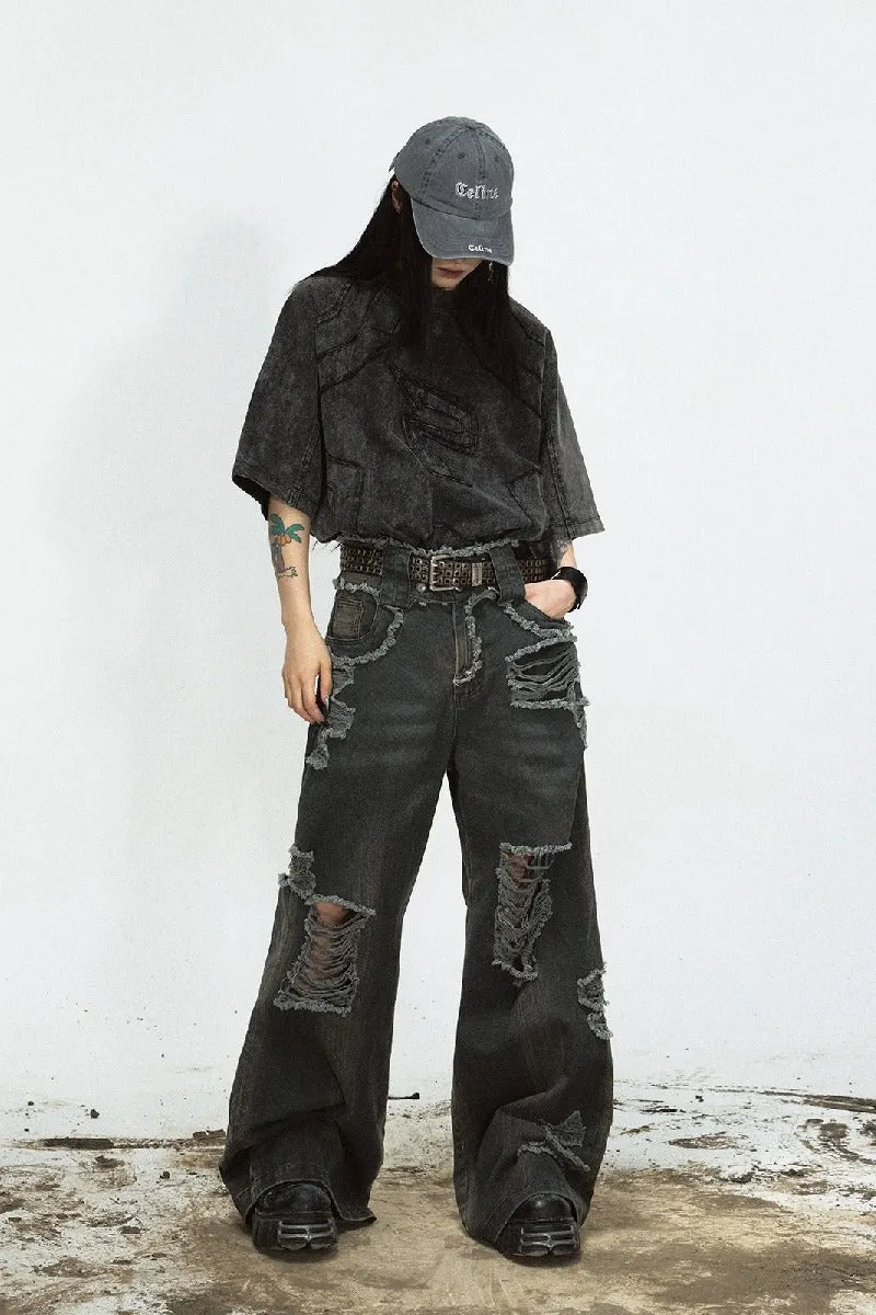 Frayed Distressed Loose Fit Jeans