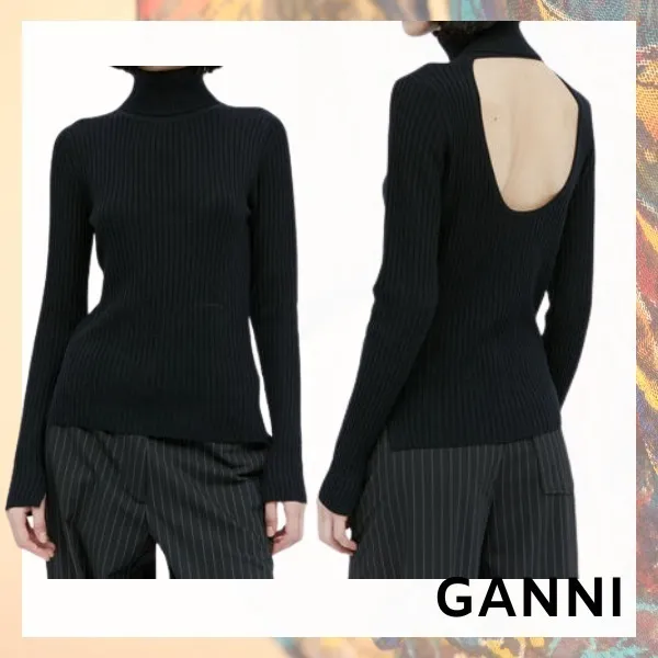 Ganni  |Wool Long Sleeves Plain High-Neck Elegant Style