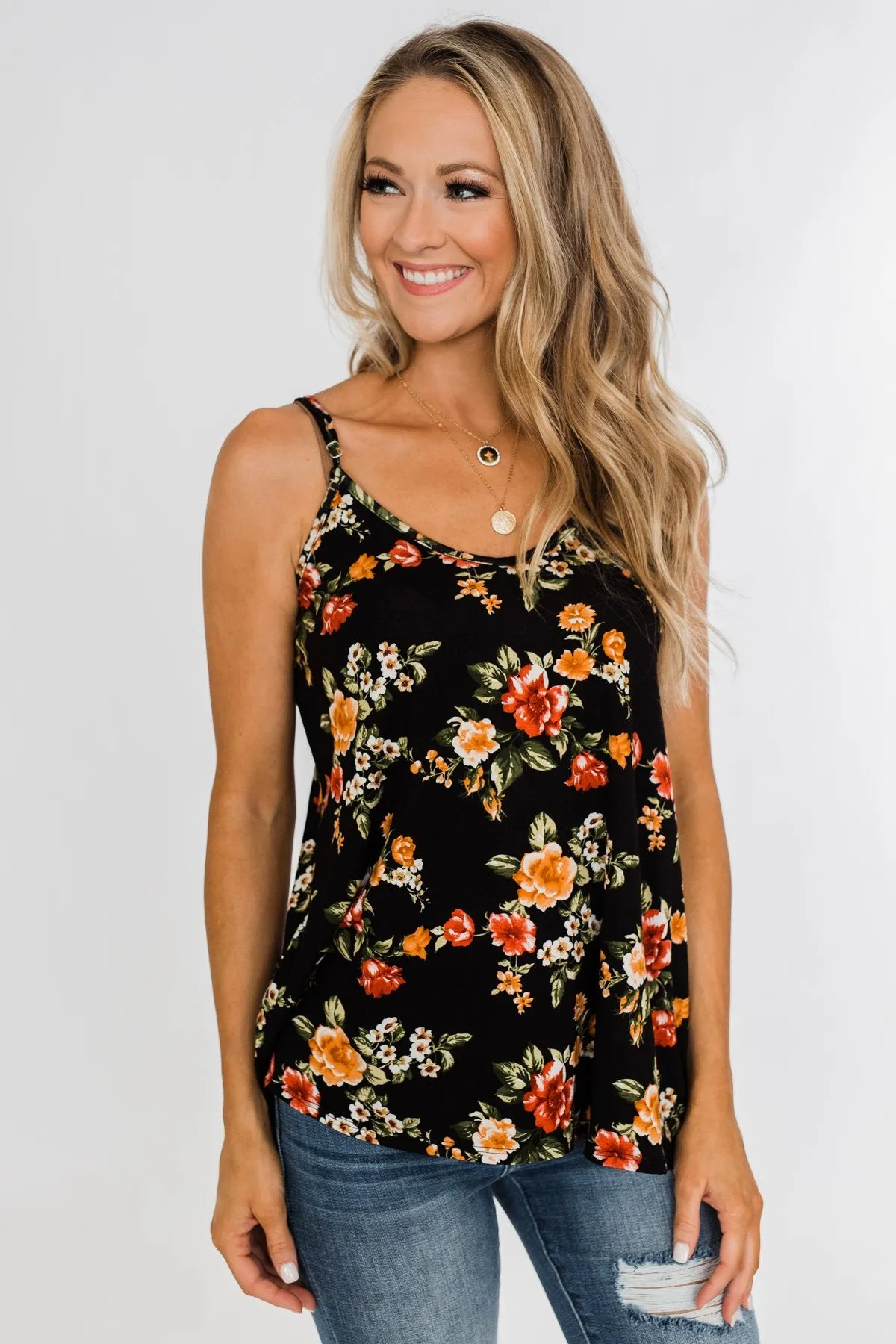 Gather Around Floral Tank Top- Black