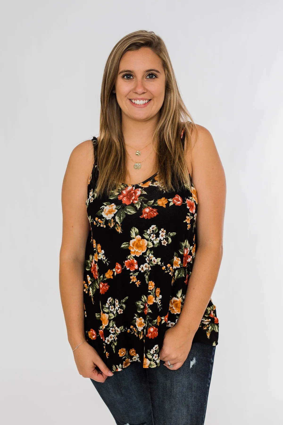 Gather Around Floral Tank Top- Black