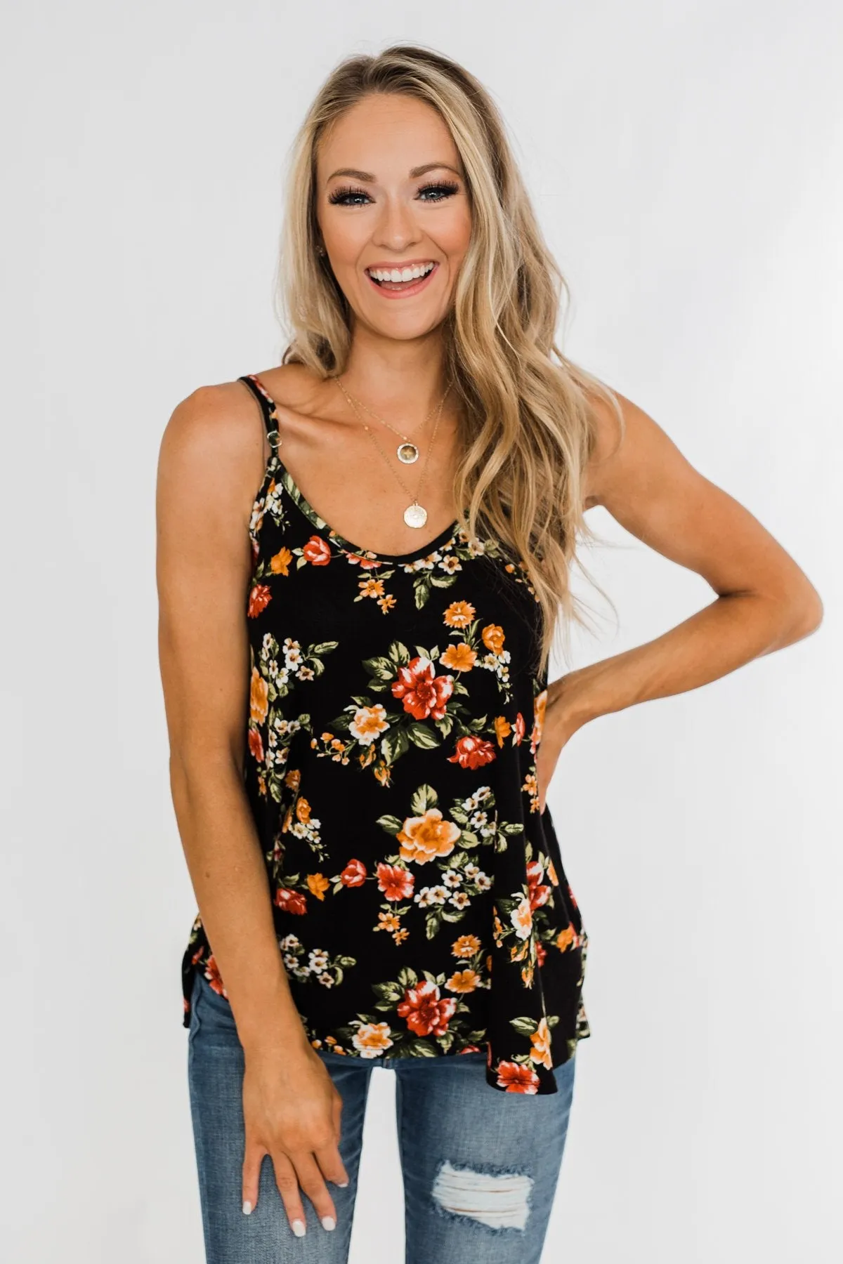 Gather Around Floral Tank Top- Black